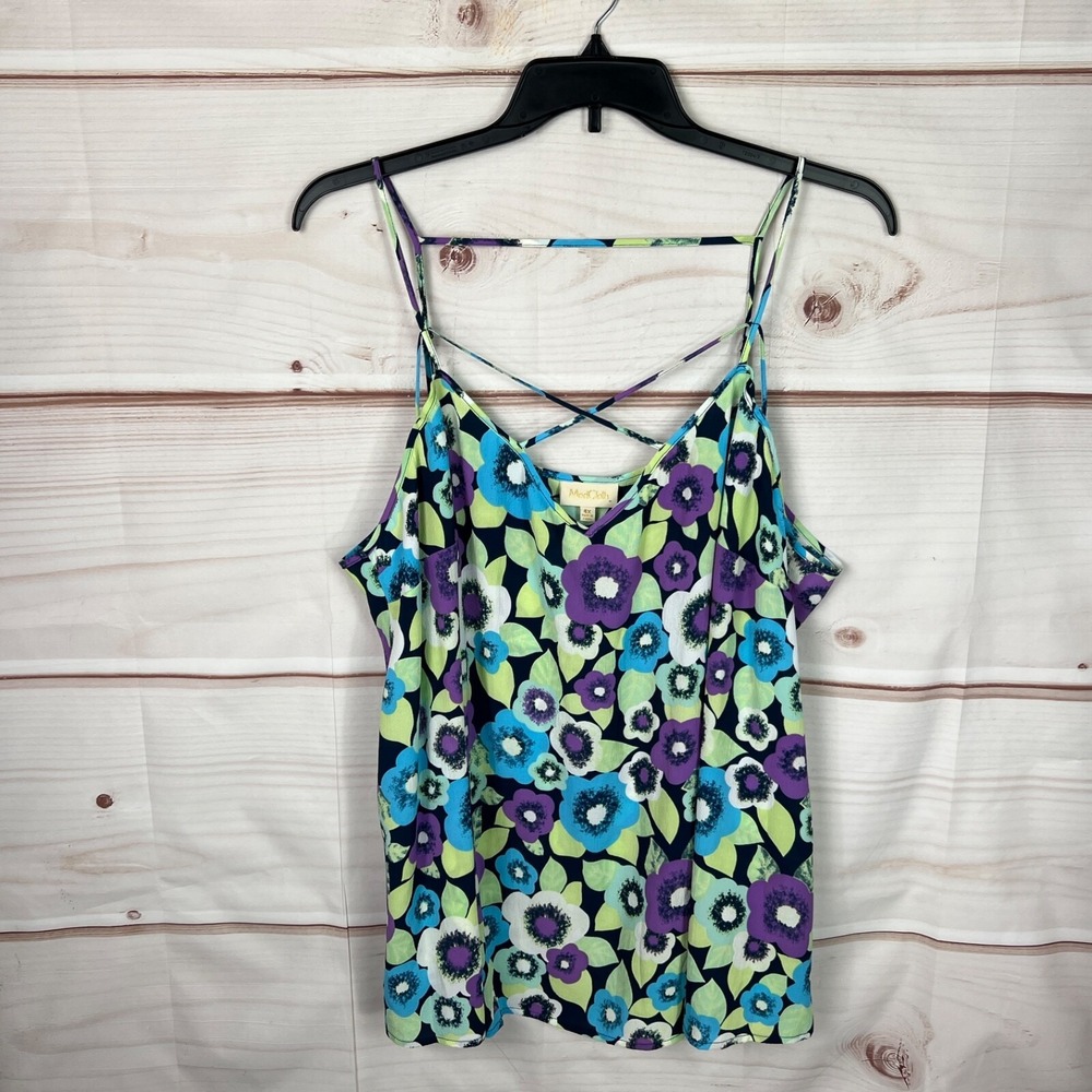 ModCloth Top Womens 4X Blue Green Floral Tank Strappy Sleeveless Spaghetti Strap